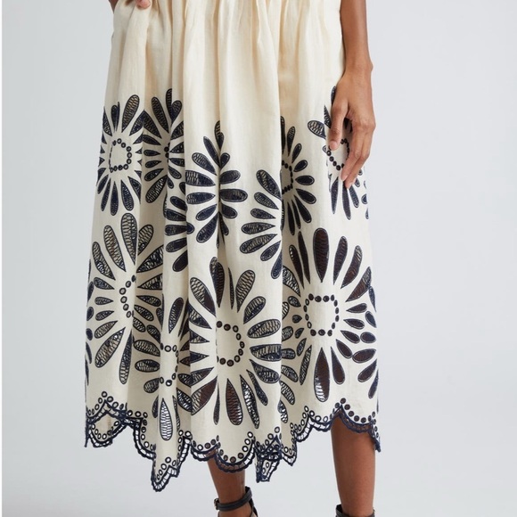 Ulla Johnson Cream Annisa Embroidered Cotton Linen Scalloped Skirt Size 10 - Picture 5 of 10